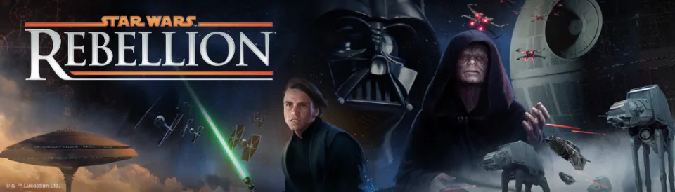 Star Wars Rebellion official game art with Darth Vader, Luke Skywalker, Emperor Palpatine, ships, and Death Star