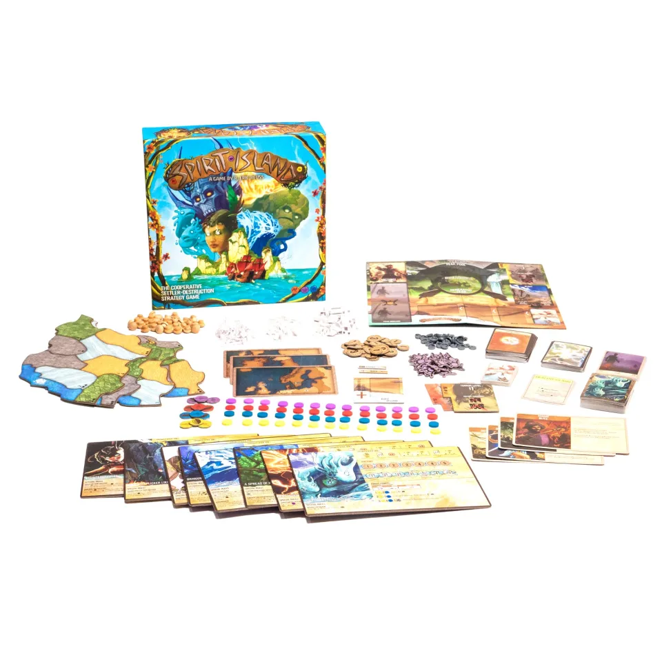 Spirit Island board game components arranged with the box