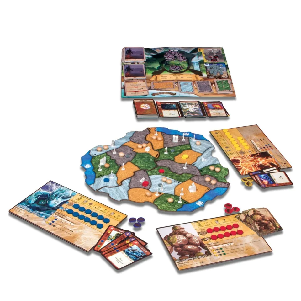 Spirit Island table setup with modular island, spirit panels, cards, and player pieces