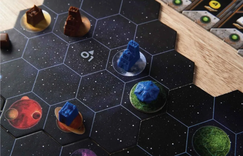 Gaia Project hex galaxy map with faction buildings and planet tiles