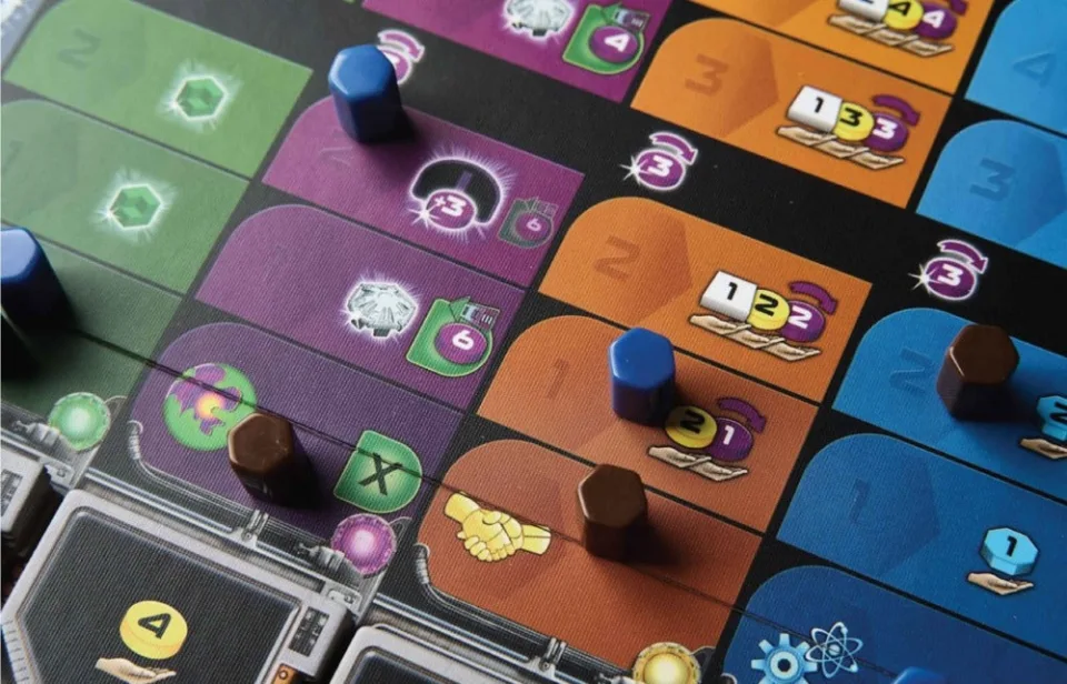 Close-up of Gaia Project shared action board spaces and player markers