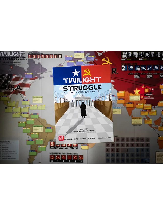 Twilight Struggle box displayed on the complete world map board