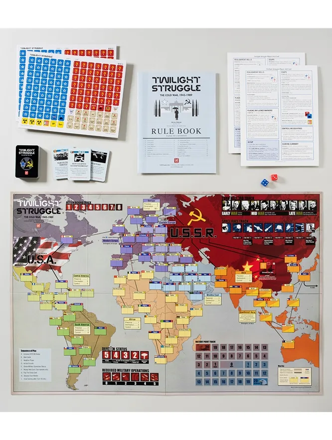 Twilight Struggle board, rulebook, counters, cards, and player aids