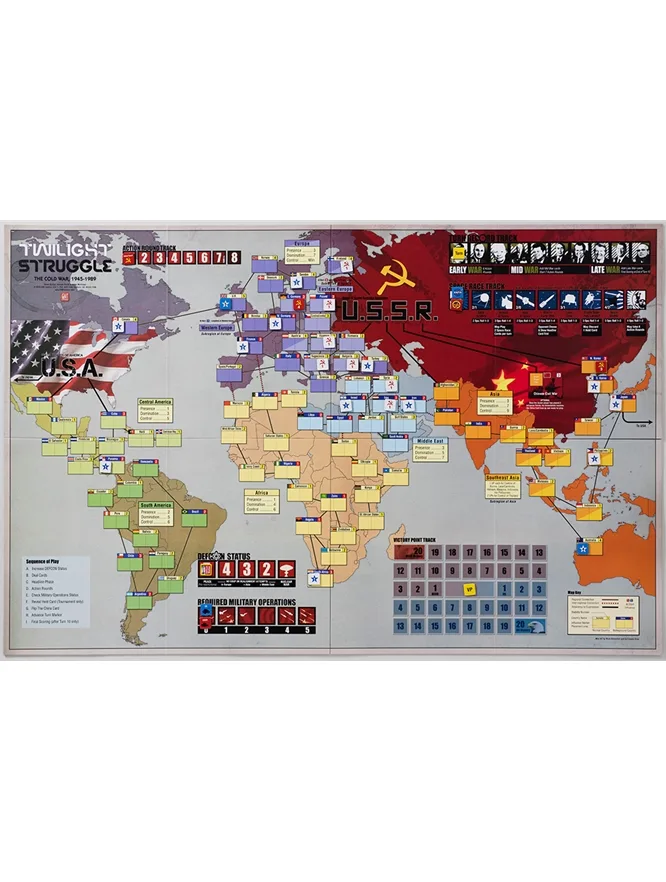 Twilight Struggle world map board with influence markers in play