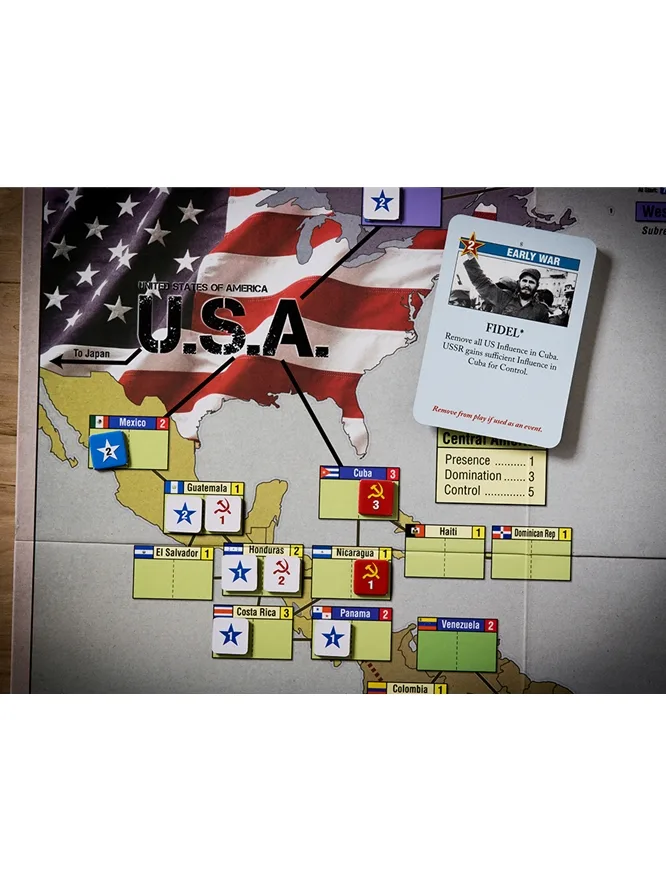 Twilight Struggle Central America map region with Fidel event card and influence markers