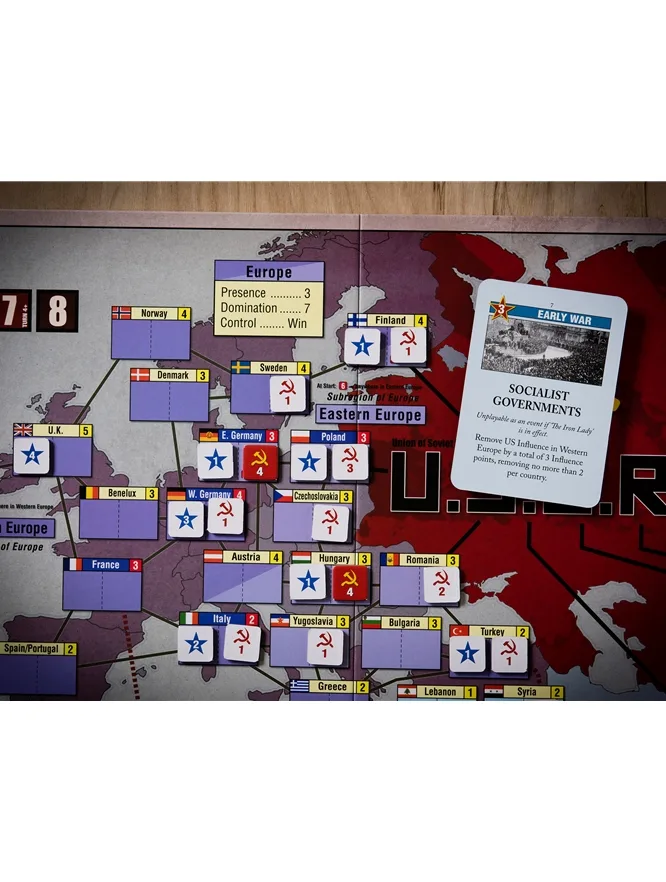 Twilight Struggle Europe map region with scoring card and influence markers