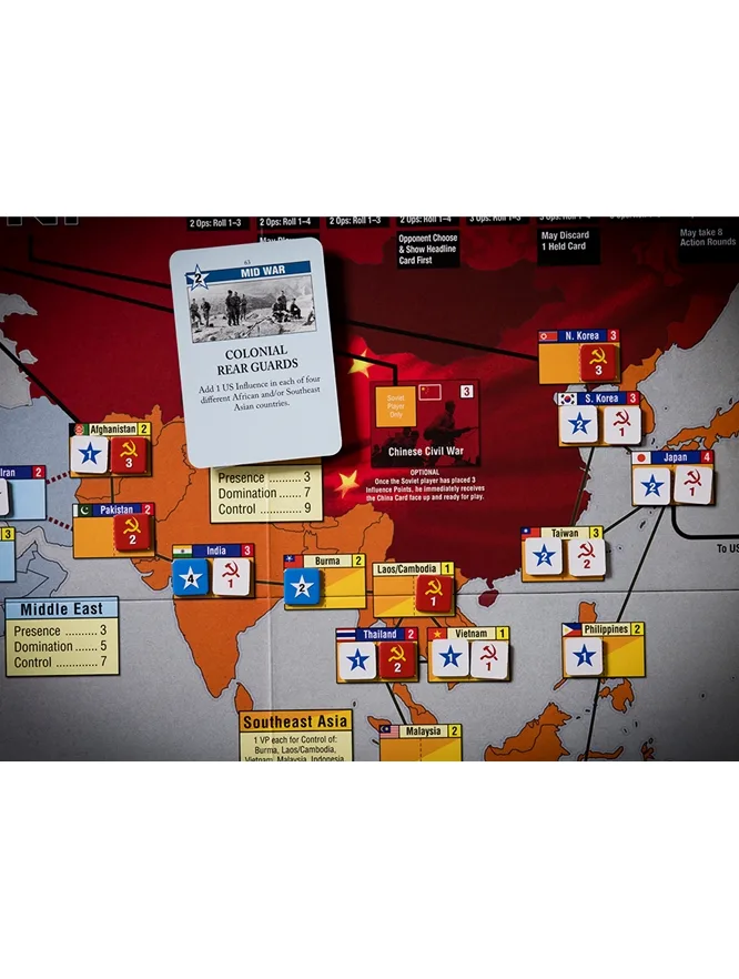 Twilight Struggle Asia map region with Mid War card and influence markers