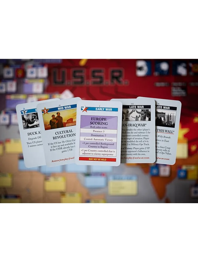 Twilight Struggle event and scoring cards fanned over the game board