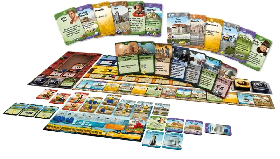 Through the Ages boards cards cubes and components arranged together