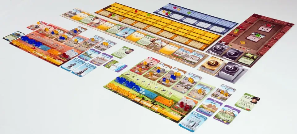 Through the Ages full table setup with civilization boards cards and cubes