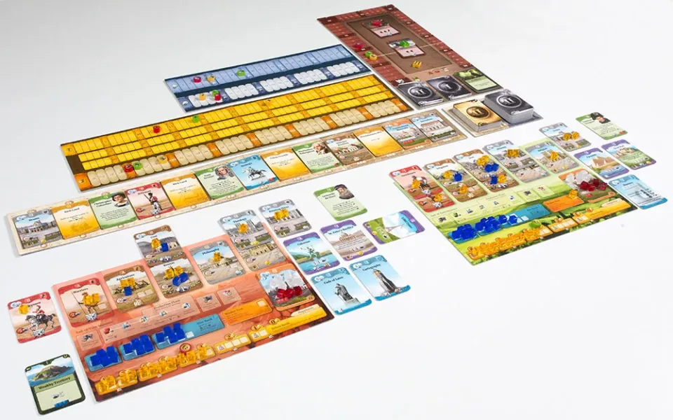 Through the Ages game in play with shared card rows and player civilization boards