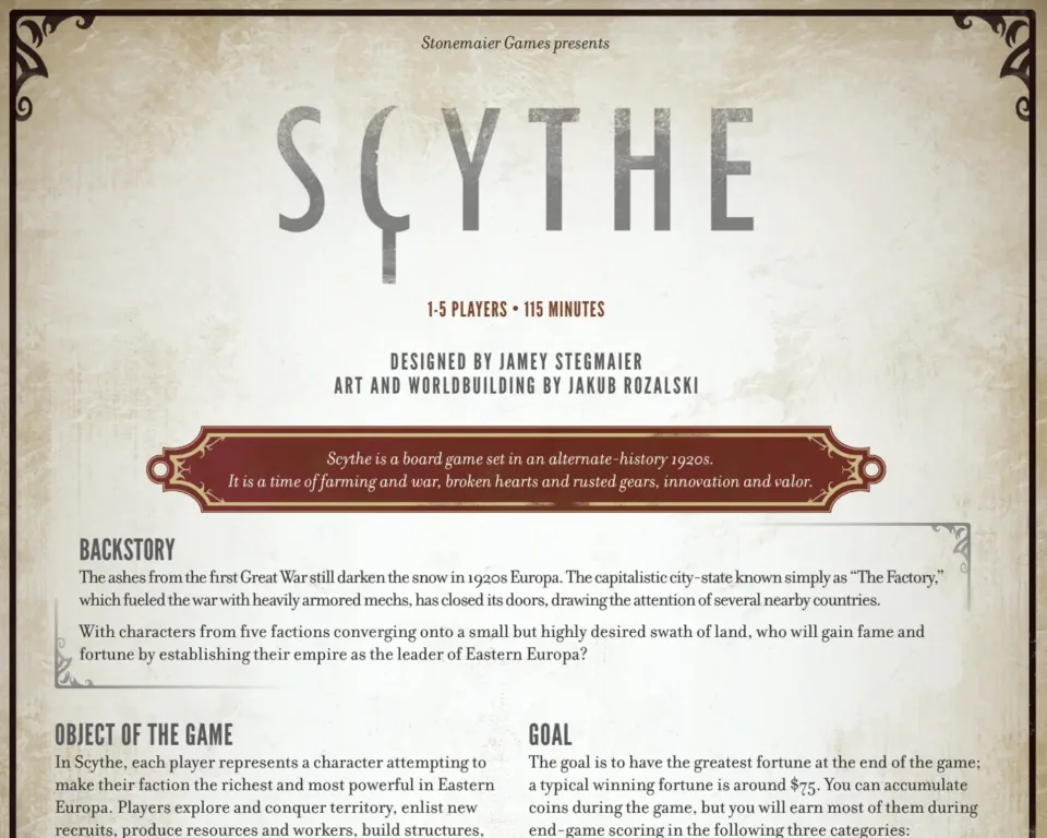 Scythe rulebook and reference material