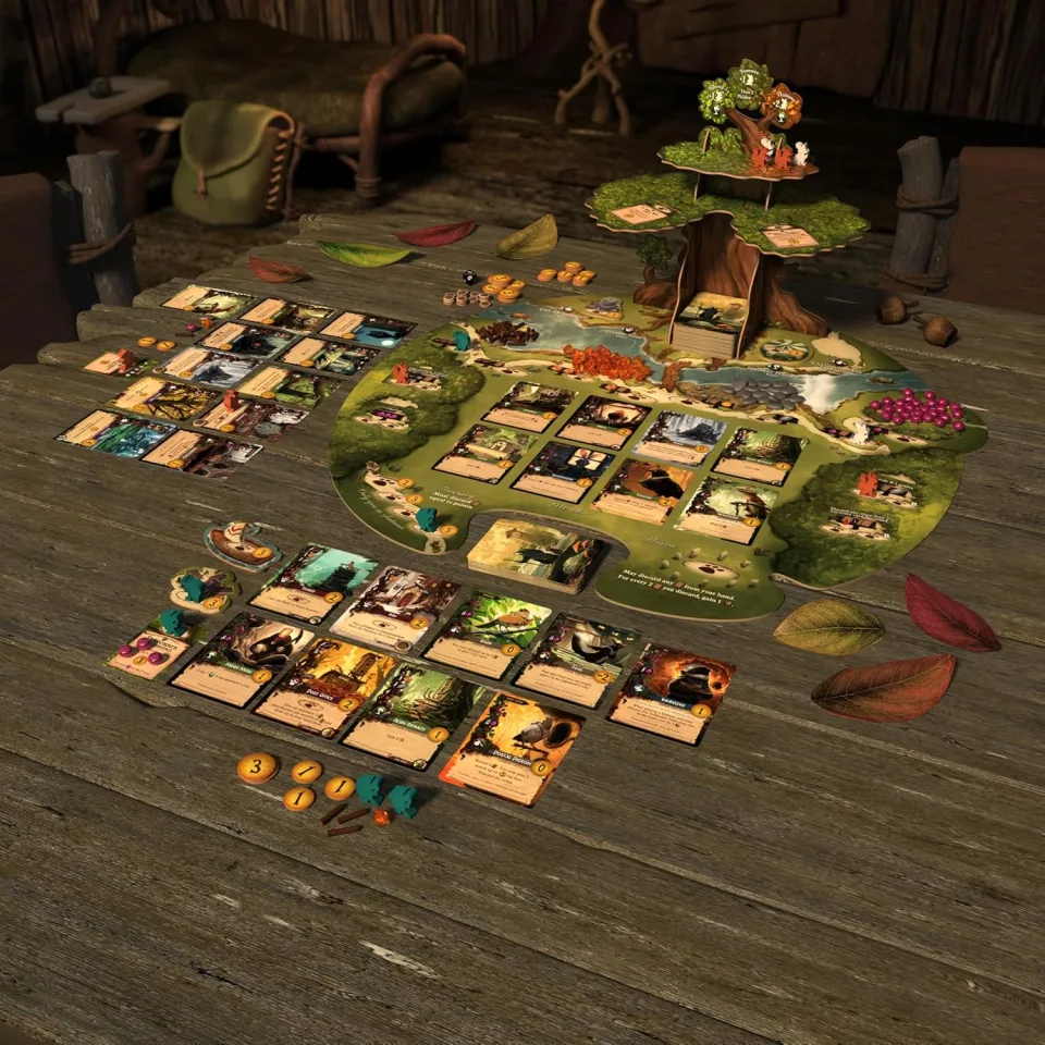 Full Everdell game setup with cards, board, resources, and Ever Tree
