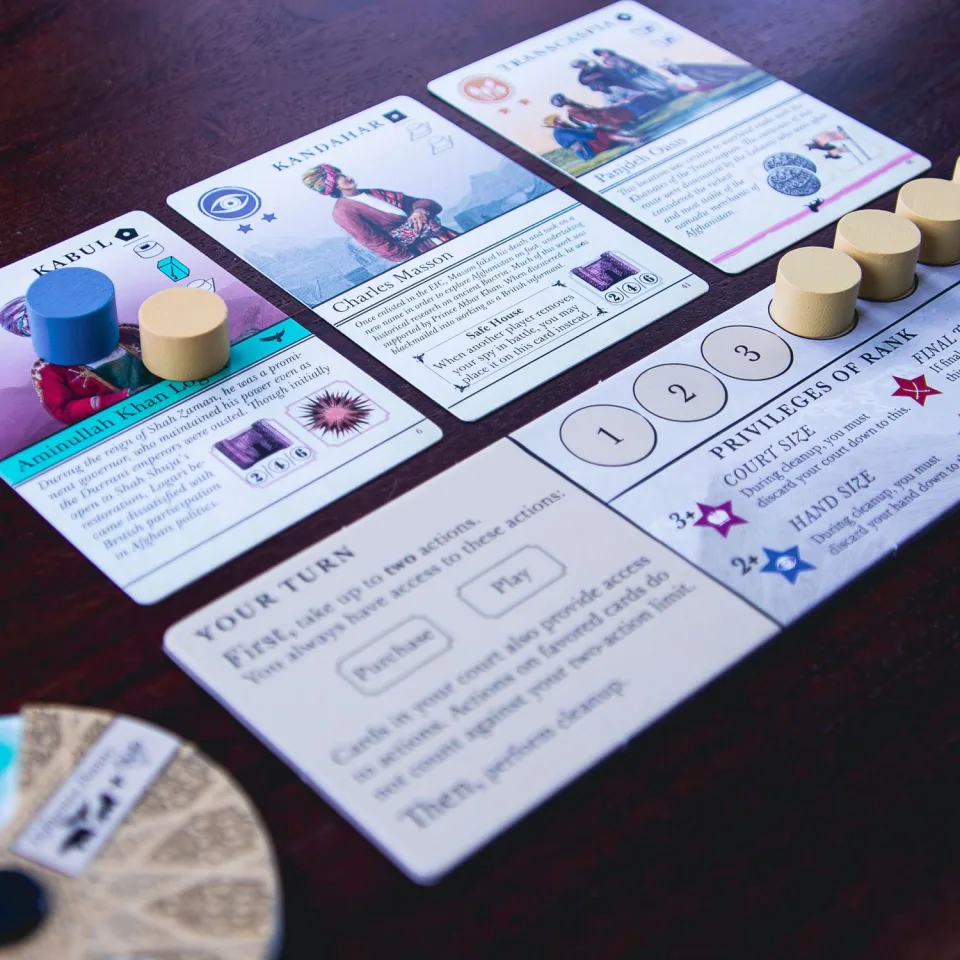Pax Pamir Second Edition player tableau with court cards and spies