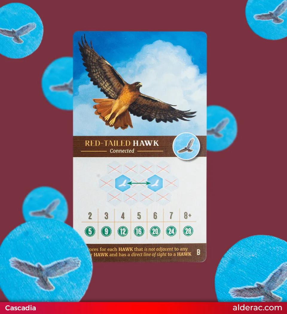 Cascadia hawk scoring card and wooden wildlife tokens