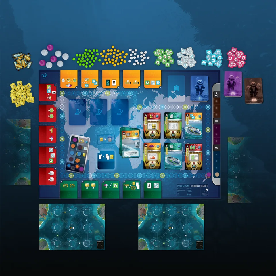 Underwater Cities base-game setup with boards, cards, and components
