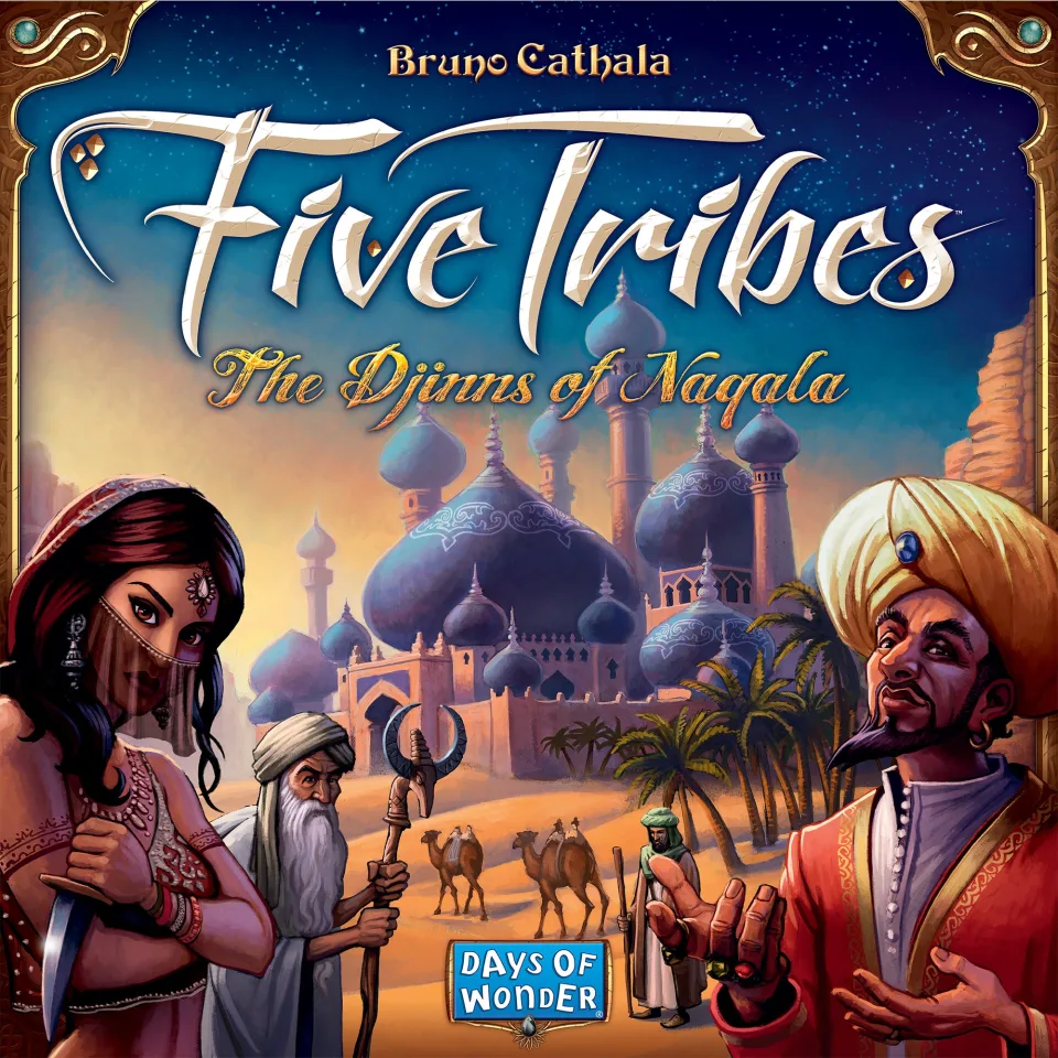 Five Tribes game setup with tiles and meeples.