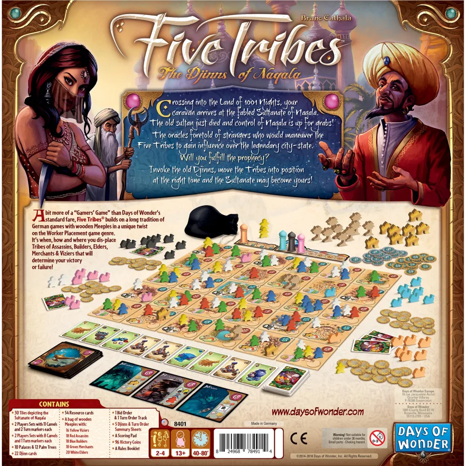 Close-up of Five Tribes tiles and meeples in play.