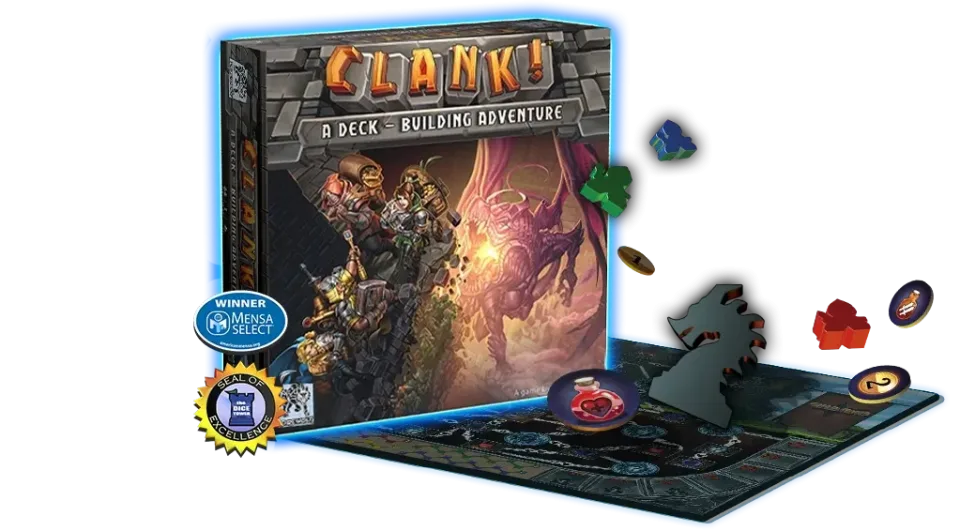 Clank! A Deck-Building Adventure box with board and game components.