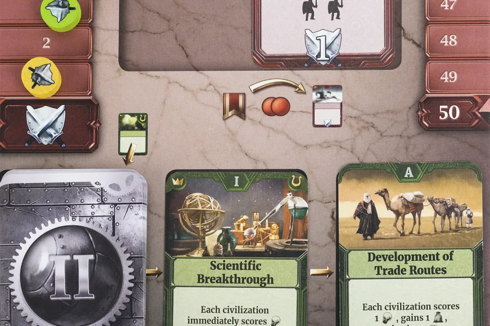 Through the Ages boards and cards set up for play.