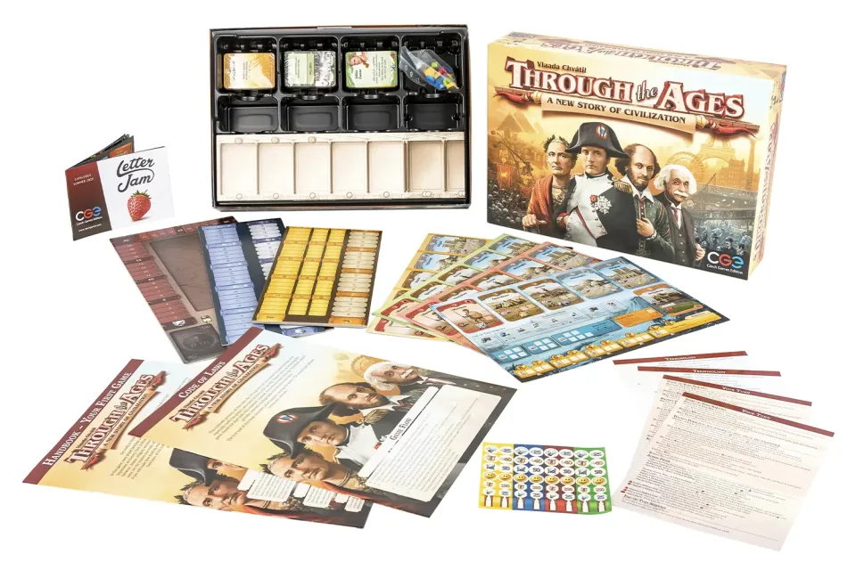 Through the Ages cards, cubes, boards, and other game components.