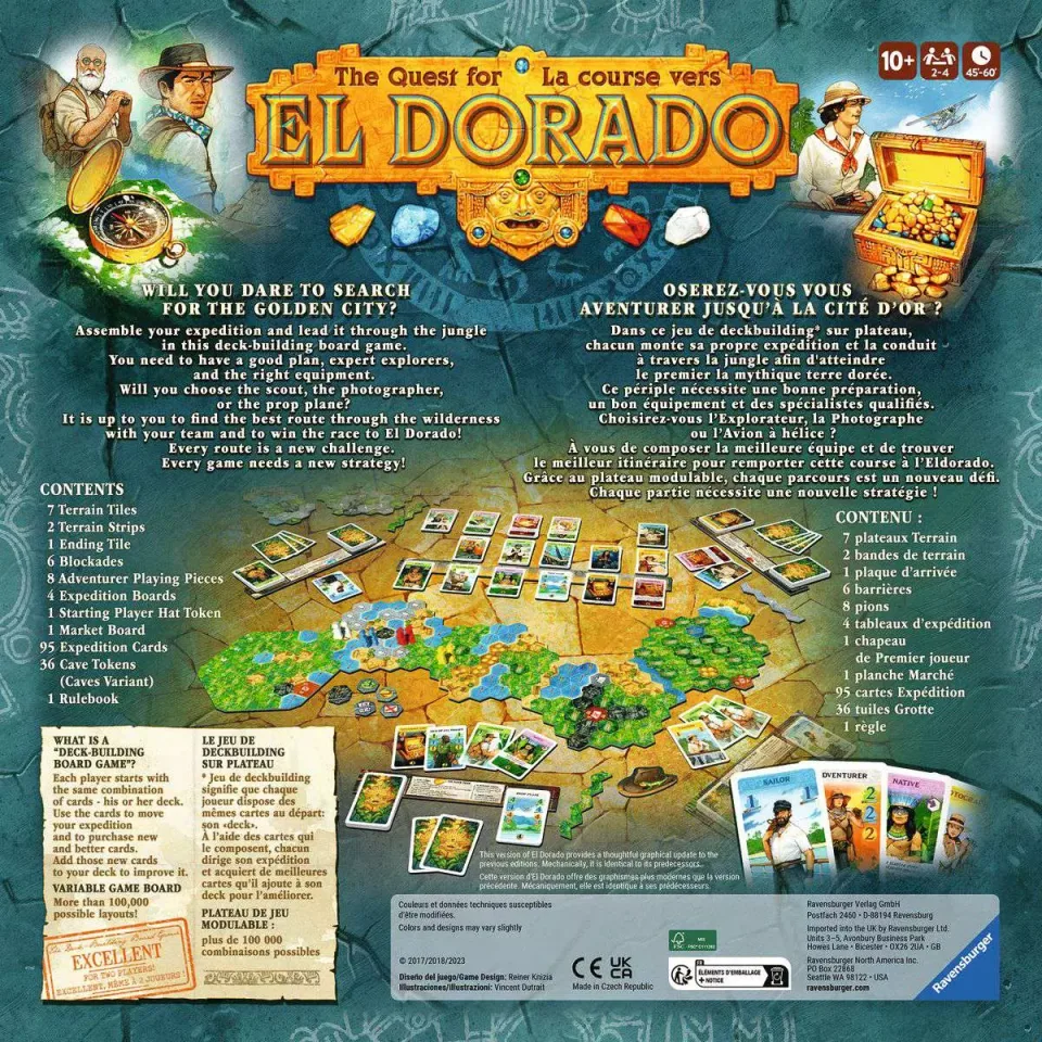 Back of The Quest for El Dorado box with game overview and component images.
