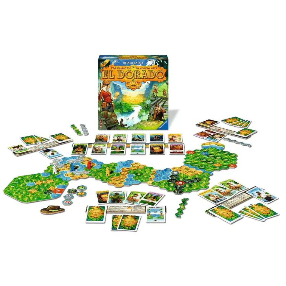 The Quest for El Dorado terrain tiles, market cards, expedition cards, pieces, tokens, and box arranged together.