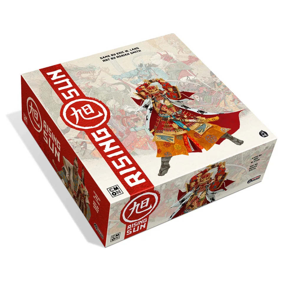 Angled view of the Rising Sun board game retail box.