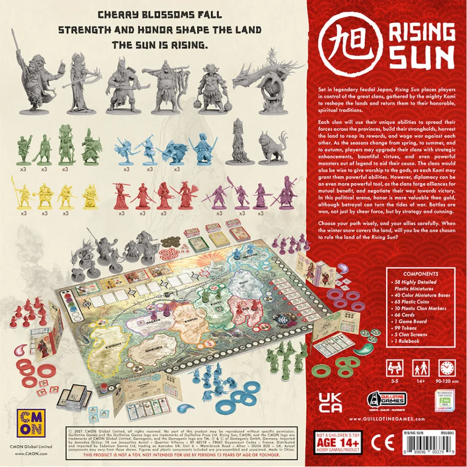 Back of Rising Sun box showing miniatures, board, cards, and base-game components.
