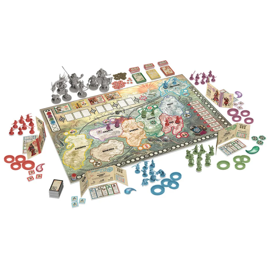Rising Sun game board, clan miniatures, screens, cards, coins, and markers arranged together.
