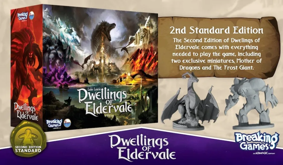 Dwellings of Eldervale Standard Edition box with included Frost Giant and Mother of Dragons miniatures.
