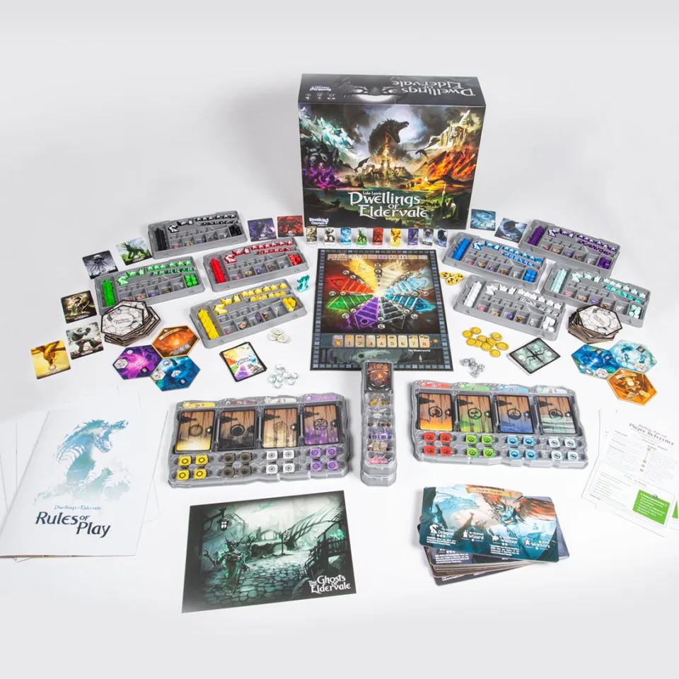 Dwellings of Eldervale boards, cards, tiles, dice, tokens, faction pieces, trays, and box arranged together.