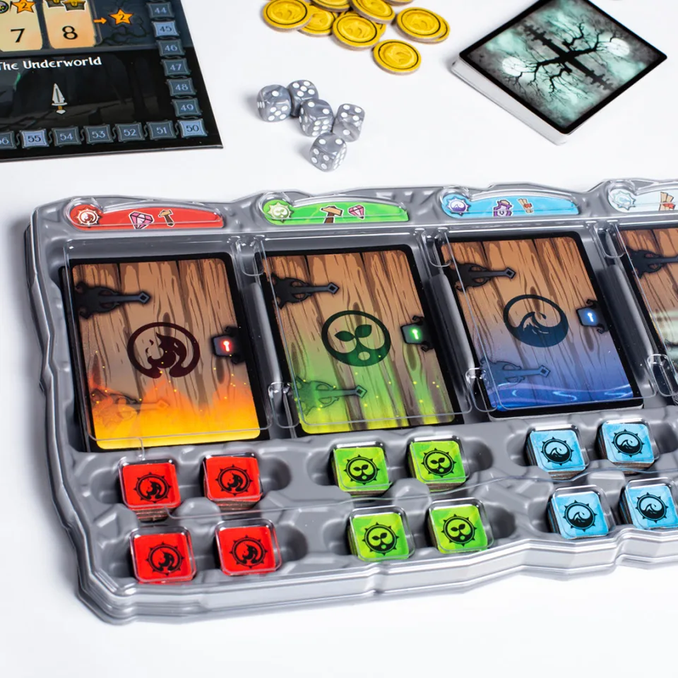 Dwellings of Eldervale included GameTrayz filled with cards, dice, and player components.