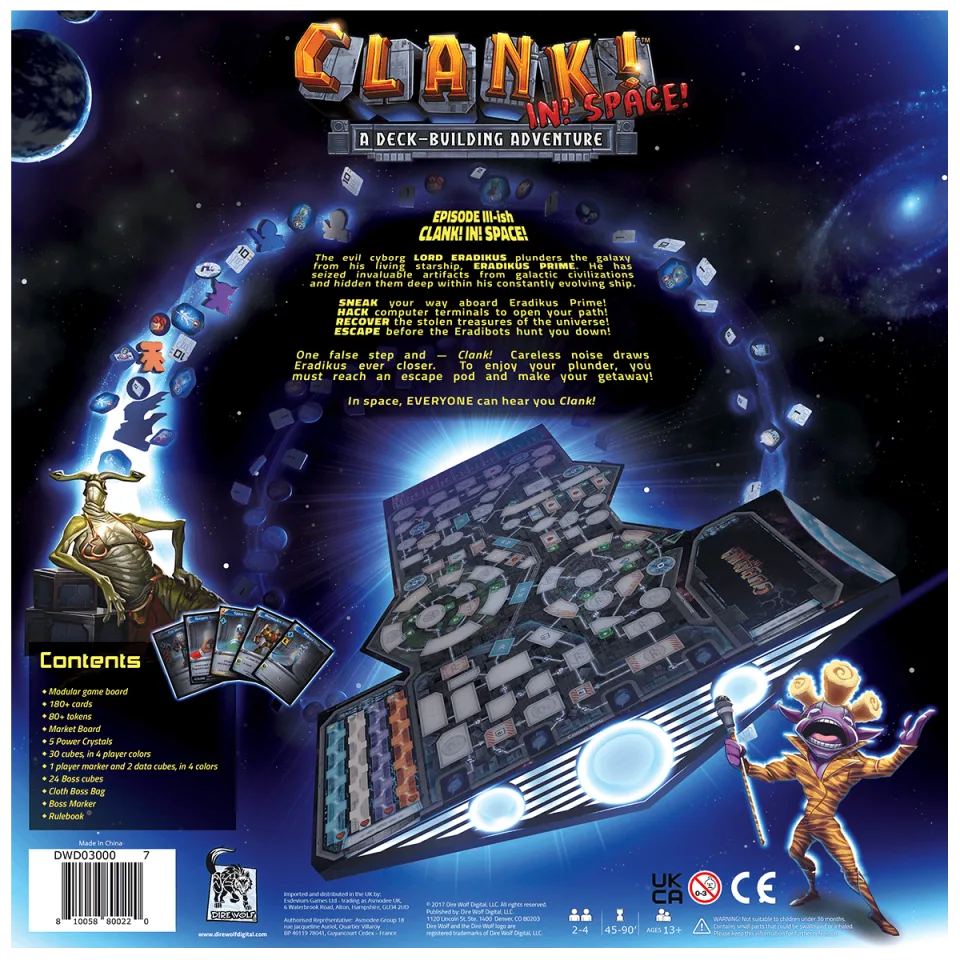Back of Clank! In! Space! box with game overview and components.