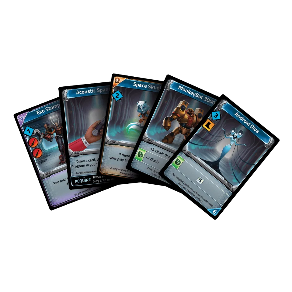 Clank! In! Space! cards arranged on a dark background.