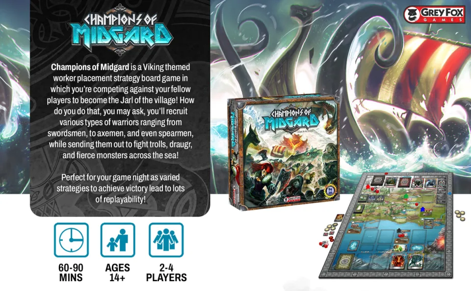 Champions of Midgard board, cards, dice, and tokens arranged together.