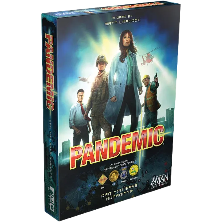 Pandemic board and game materials arranged for play.