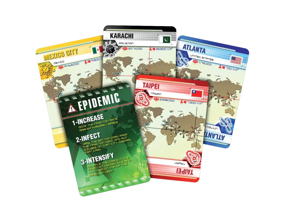 Pandemic world map board with infection cubes.