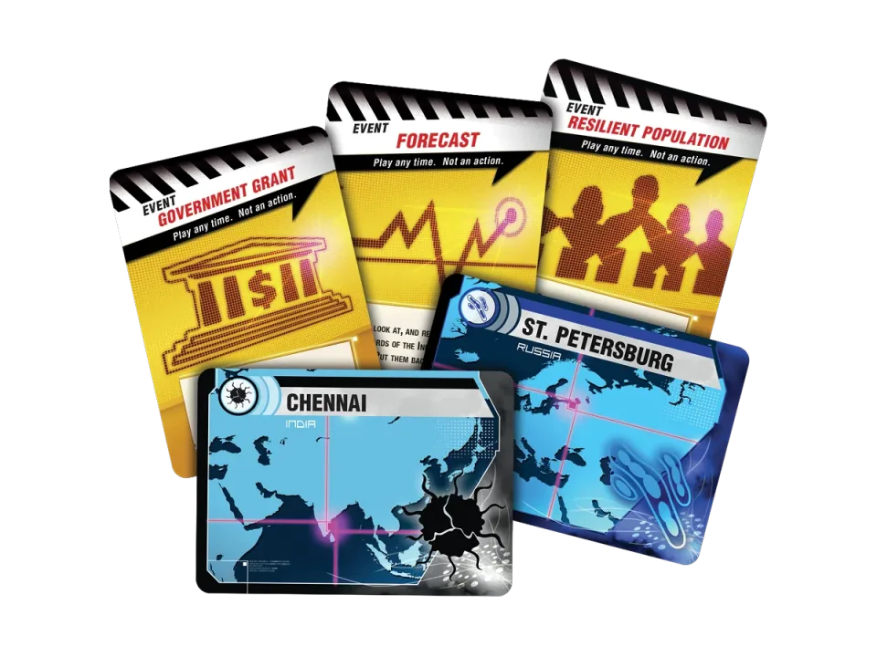 Pandemic disease cubes and cards.