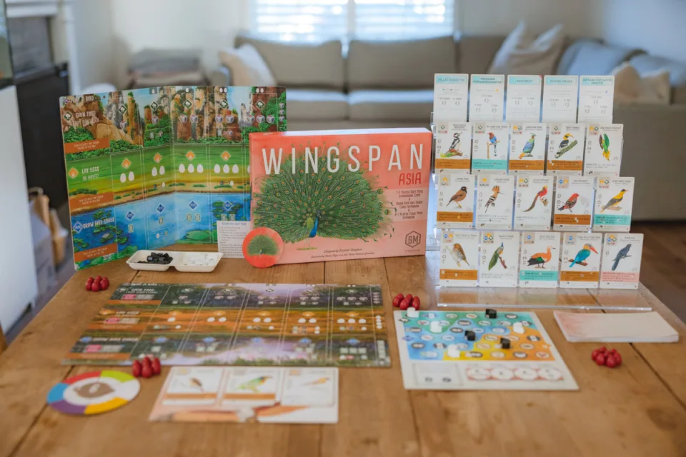 Wingspan Asia set up for a two-player game.