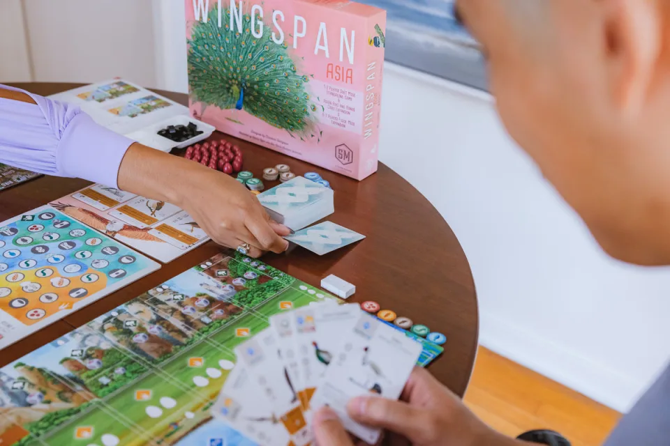 Wingspan Asia bird cards, mats, dice, and game components.