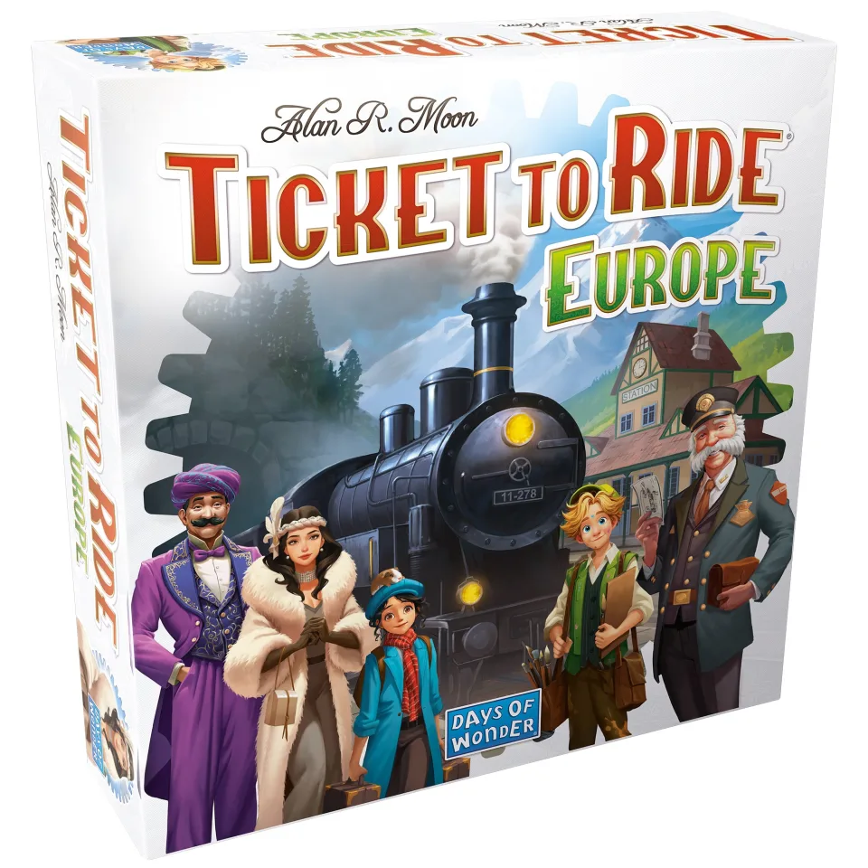 Ticket to Ride: Europe box with Europe map board, train pieces, and cards.