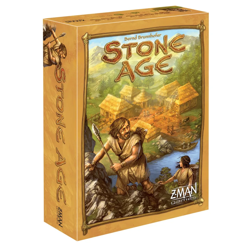 Stone Age game board, cards, wooden resources, figures, and dice.