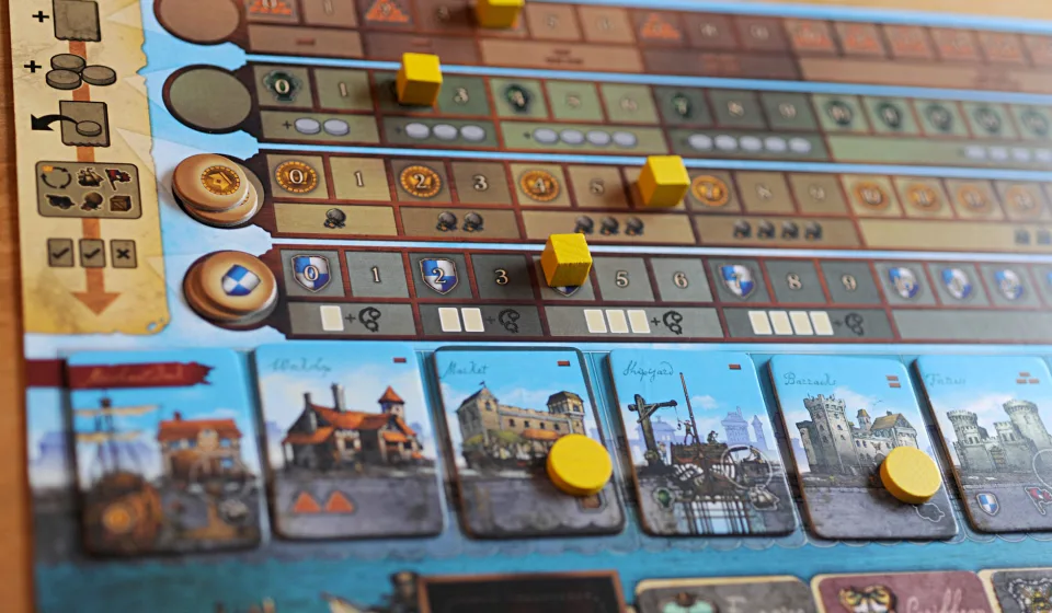 Close view of Endeavor: Age of Sail board, cards, and player pieces.
