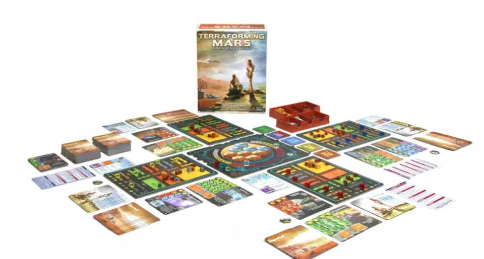 Terraforming Mars: Ares Expedition cards, boards, cubes, and markers.