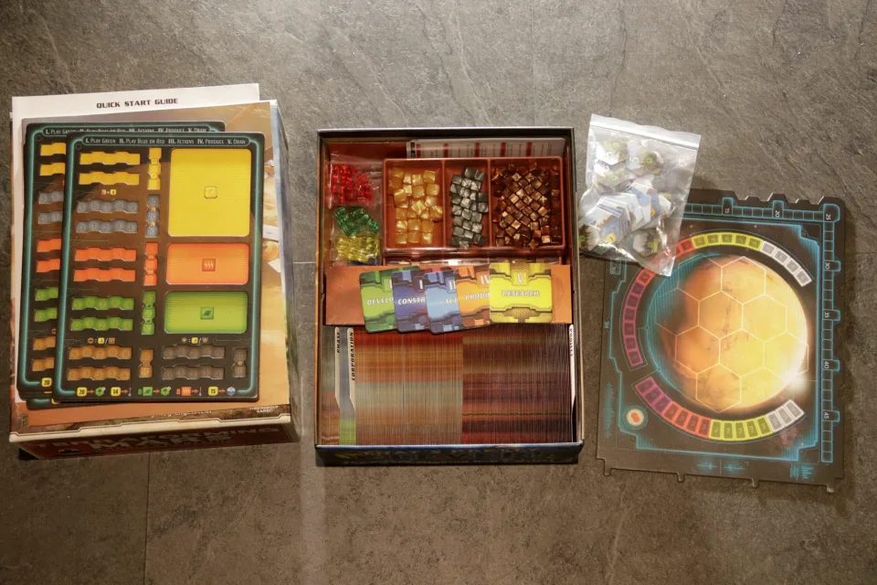 Terraforming Mars: Ares Expedition player cards and cubes.