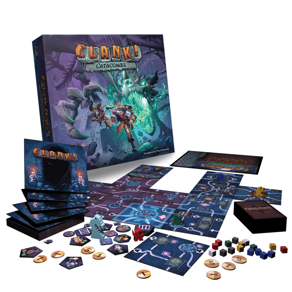 Clank! Catacombs tiles, cards, tokens, and game pieces.
