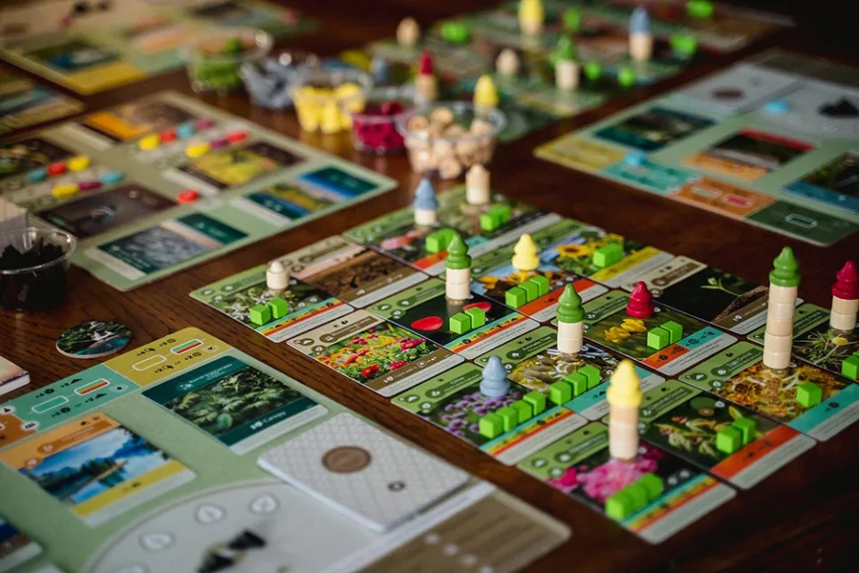 Earth player ecosystem tableau with cards and resource cubes.