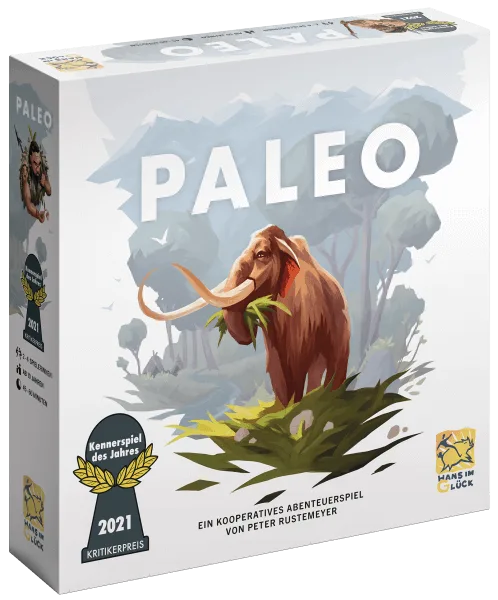 Paleo cooperative prehistoric adventure board game retail box.