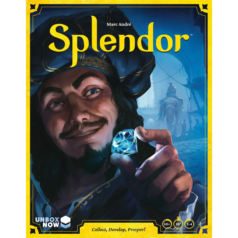 Splendor game table setup with development cards and gem tokens.